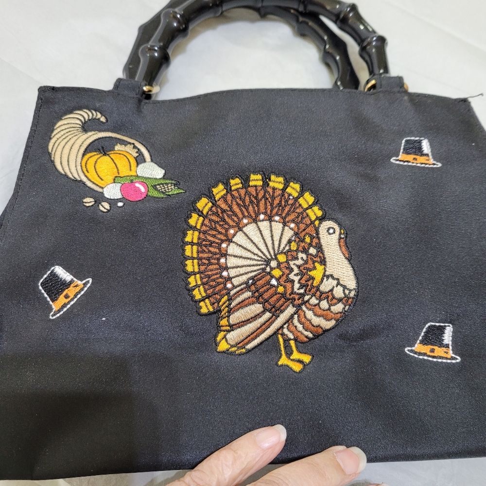 (3565)Madison StudioWomen’s Thanksgiving Fall Embroidered HandBag Bamboo Handles